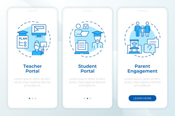 Educational access blue onboarding mobile app screen. Academic tools. Walkthrough 3 steps editable graphic instructions with linear concepts. UI, UX, GUI. Montserrat SemiBold, Regular fonts used