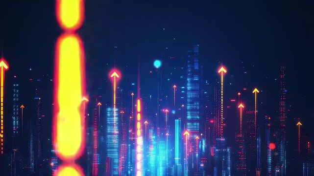 Blue and orange cityscape with many arrows pointing upwards. Concept of growth and progress, as the arrows seem to be reaching for the sky