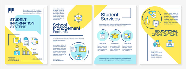 School management services blue and yellow brochure layout. Academic technologies. Leaflet advertising design with color line icons. Editable 4 pages. Questrial, Lato-Regular fonts used