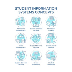 Student information systems soft blue concept icons. Grades management. Teaching, coaching. Icon pack. Vector images. Round shape illustrations for article, infographic. Abstract idea