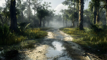 Obraz premium Misty Forest Path Under Sunny Daylight