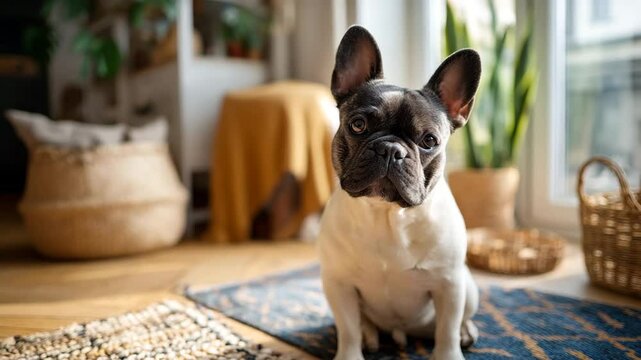 A calm French Bulldog sits comfortably at home, embodying companionship and playfulness, surrounded by a cozy environment that highlights its adorable features.
