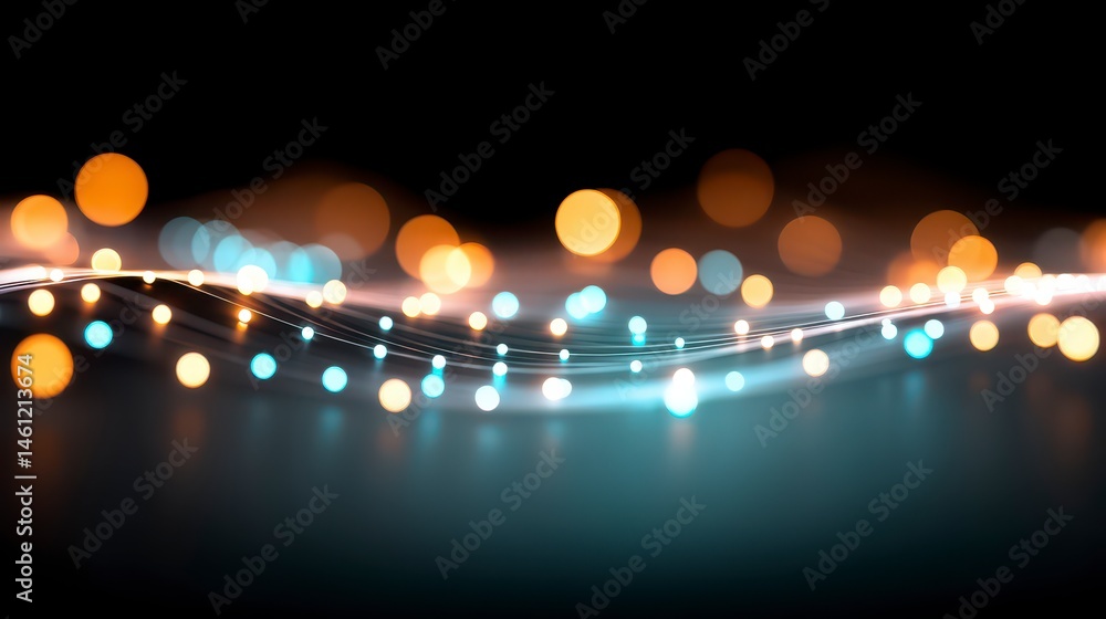Poster abstract wavy lines of golden and cyan lights on a dark gradient background artistic design