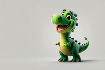 Obraz premium Cute green cartoon dinosaur smiling happily, 3D rendered baby character on light background