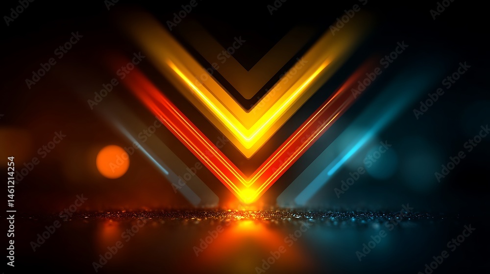 Poster abstract glowing arrow background with dynamic orange and blue light effects reflecting on a dark te