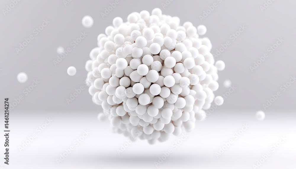 Poster aggregation of white spheres in an array with a minimalist and clean look and feel design style.