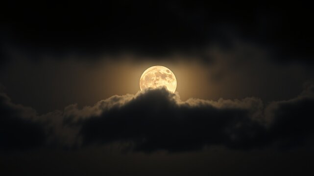 A luminous full moon shines brightly through dark, dramatic clouds in the night sky offe a celestial view.