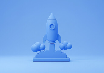 Toy Rocket Launching with Clouds on Blue Background