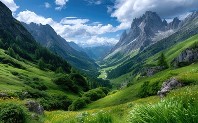 Fototapeta premium the majestic Dolomites in Italy, with green grass and yellow flowers on their slopes, under a blue sky with white clouds