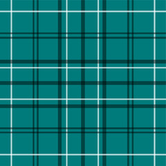 Seamless tartan pattern in teal green with intersecting dark green, ivory, and black lines. Ideal for textiles, fashion projects, digital backgrounds, and gift wrap design.