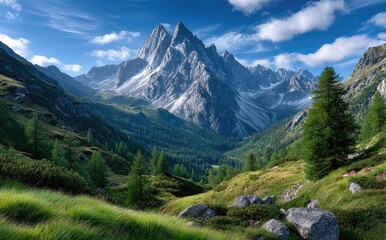 Obraz premium the majestic Dolomites in Italy, with green grass and yellow flowers on their slopes, under a blue sky with white clouds