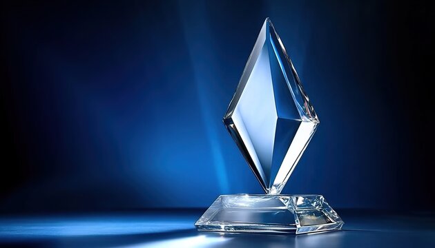 Crystal trophy with diamond-shaped top and faceted base illuminated on dark blue background.