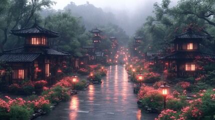 Obraz premium Serene, rainy Asian street with traditional buildings and flowering bushes