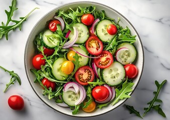 A bowl filled with a fresh vegetable salad including tomatoes, cucumbers, onions, and arugula, placed on a marble countertop, creating a healthy cuisine atmosphere.