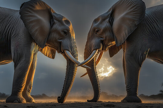 Backlit view of two elephants face to face, AI generated