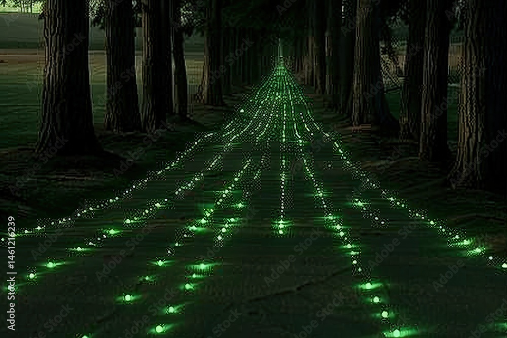 Poster mystical path illuminated by lights through dark trees.