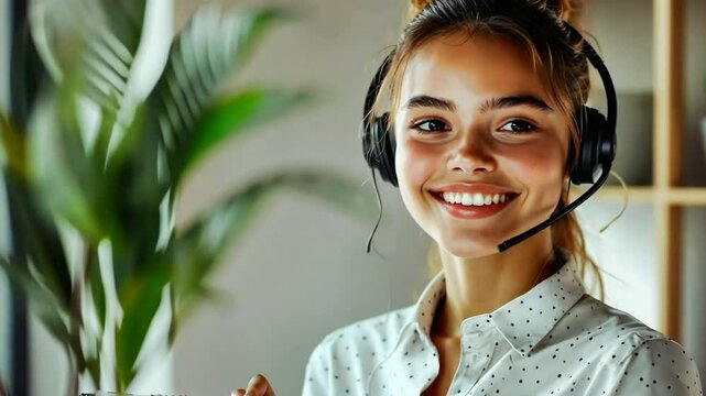 Smiling woman wearing headset
