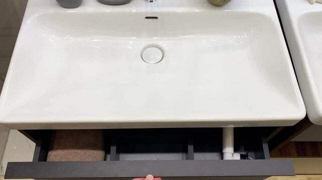 This stylish bathroom sink features a sleek, modern design with functional drawer space and elegant accessories, perfect for enhancing contemporary interiors while providing practicality