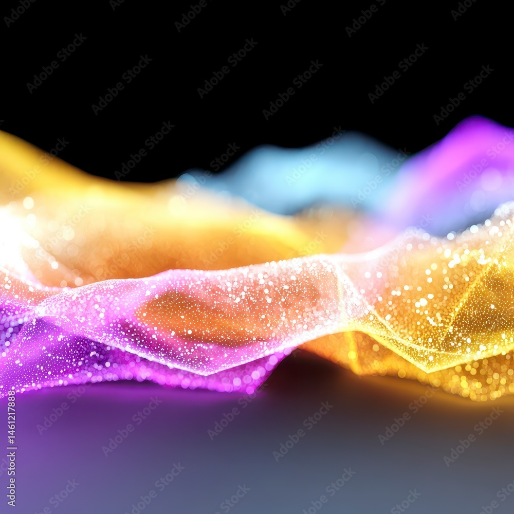 Poster dazzling interwoven light streams abstract visual composition with glowing particles and soft hues.