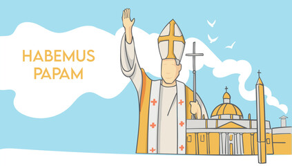 HABEMUS PAPAM. The new Pope greet as white smoke marks his election. horizontal vector illustration