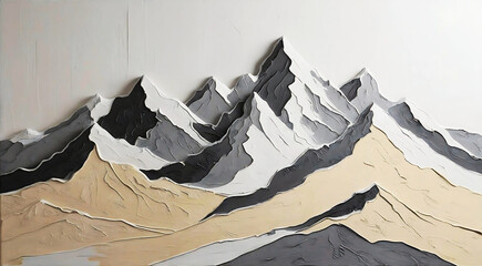 3D embossed oil painting of mountains, on a white background, with a grey and beige color palette.