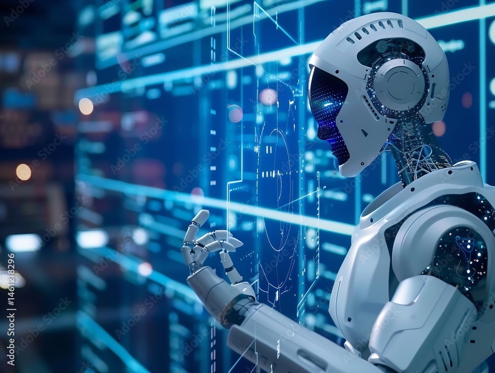 Poster futuristic robot interacts with complex data interface in a digital world