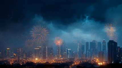 Fireworks over the City: A mesmerizing display of vibrant fireworks bursts above a sprawling cityscape at dusk, painting the night sky with colors, creating a magical spectacle.