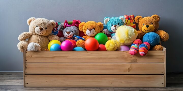 A wooden box filled with colorful teddy bears and balls, placed on an indoor floor, creating a children's fun atmosphere.