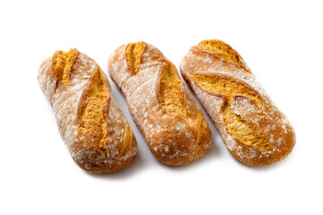 Tre ciabatte isolate su fondo bianco, tipico pane italiano 