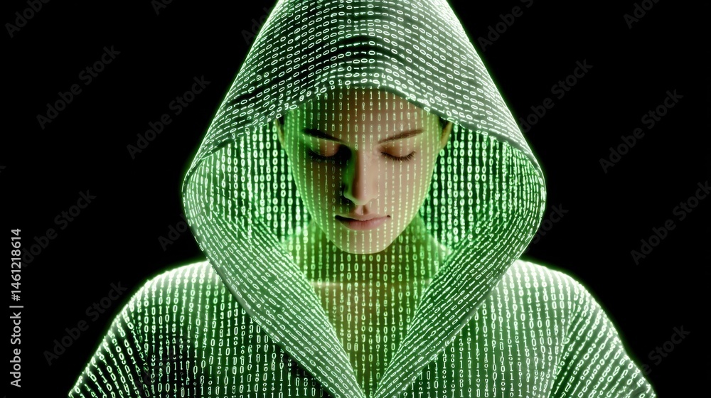 Poster editorial medium shot, woman standing in a dark room, her entire body and face completely covered wi
