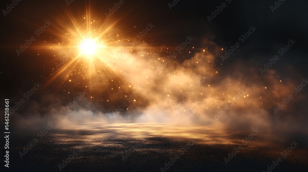 Poster abstract glowing light and fog on dark asphalt background with shining dust particles backdrop