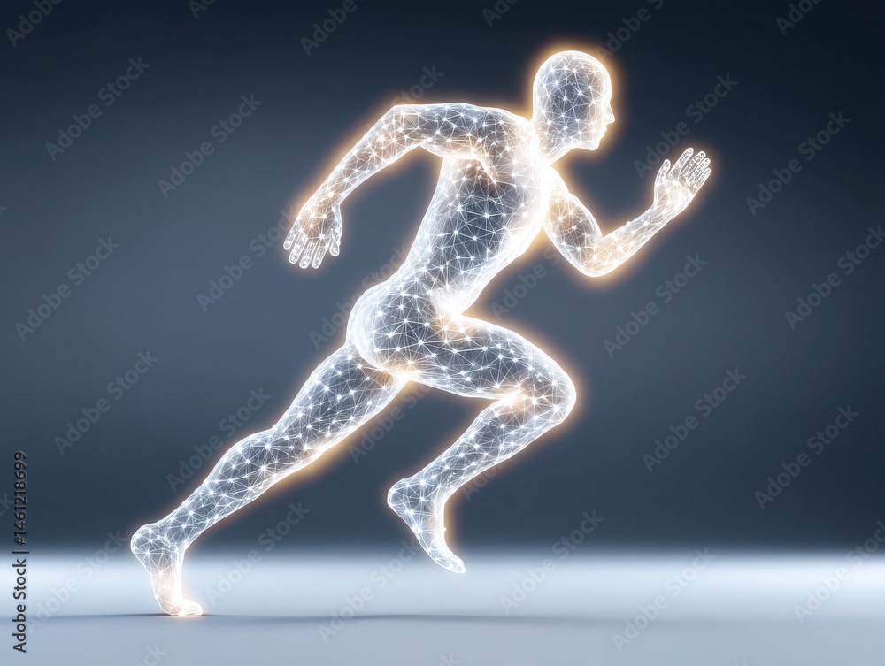 Poster digital runner representation with mesh and light effects for sport technology visualization.