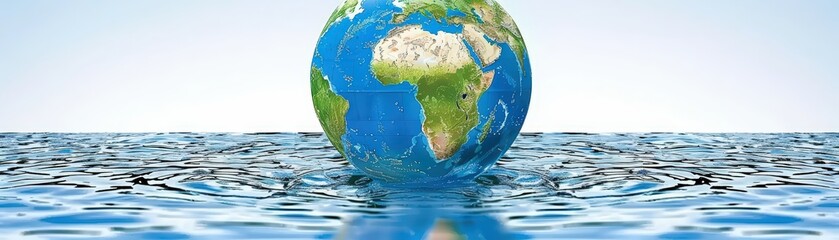 World globe floating on water with a serene background.