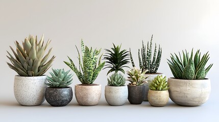 Fototapeta premium A diverse collection of potted succulent plants arranged together against a bright background showcasing various shapes, textures, and shades of green colors.