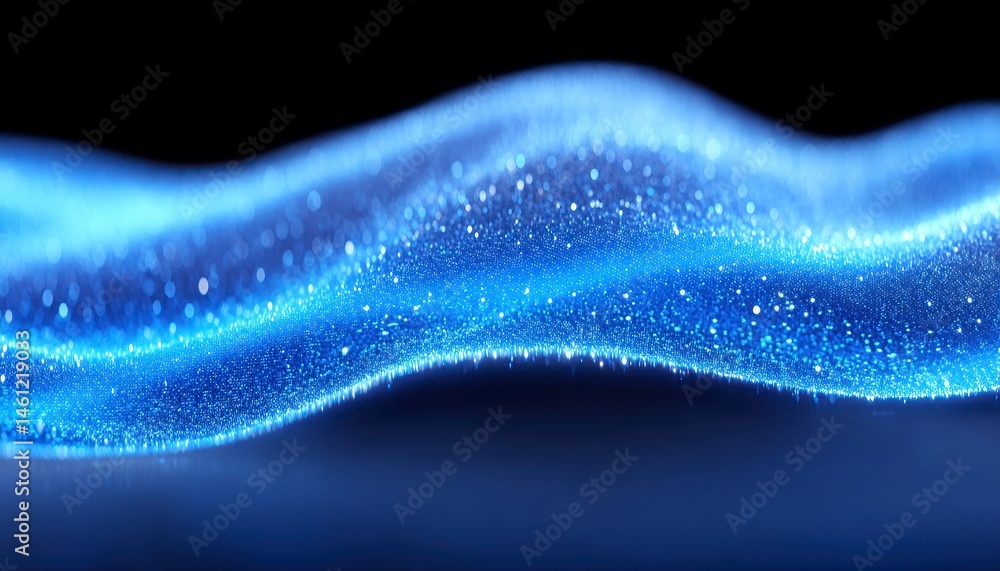 Poster digital waveform representation glowing with blue light and sparkling details dark background abstra