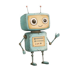 Charming cartoon robot waving happily with antennae and big eyes, cut out - stock png.