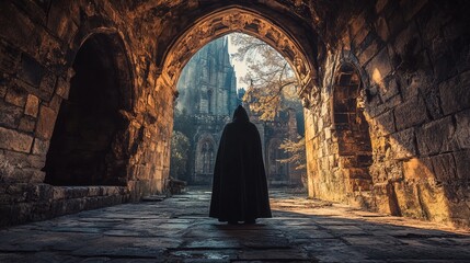 Mysterious Figure in Gothic Passage