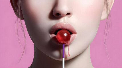 close up studio shot of a white young woman with lollipop