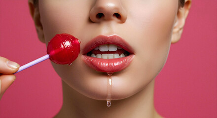 close up studio shot of a white young woman with lollipop