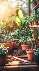 Fototapeta premium Serene gardening scene with wooden bench and sunlit greenery for home garden inspiration