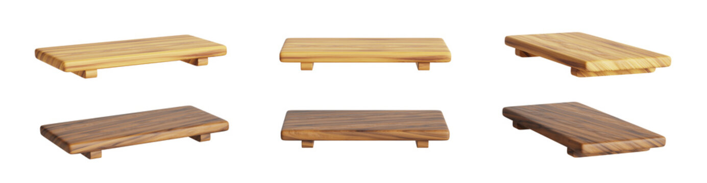3d wooden sushi plate mockup. Empty rectangular serving dish, tray for asian food. Japanese kitchen table with brown and light wood texture front and side view, realistic render set. 3D illustration