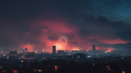 Cityscape Fireworks Night: A breathtaking view of a city skyline ablaze with vibrant fireworks, creating a dramatic and unforgettable spectacle against the night sky.
