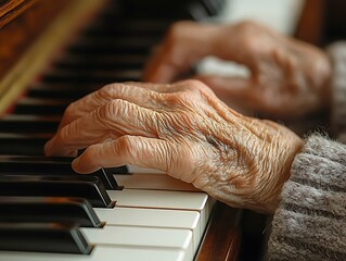 Close-up view of aged hands playing piano keys.
