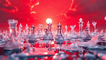 Chess pieces set against a dramatic red sunset. The clear chess pieces stand out against the intense sky