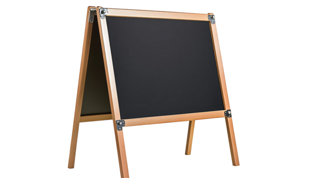 A simple wooden easel with a blank chalkboard isolated on transparent or white background. Generative ai