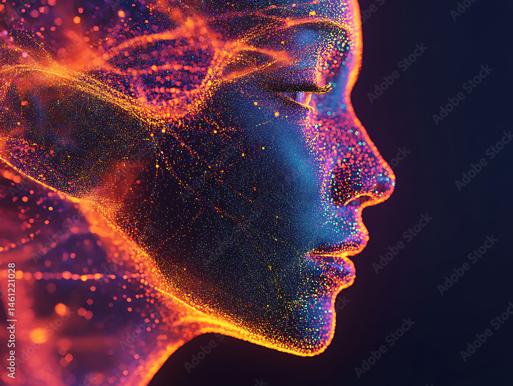 Poster abstract glowing particle face profile artificial intelligence conceptual illustration technology in