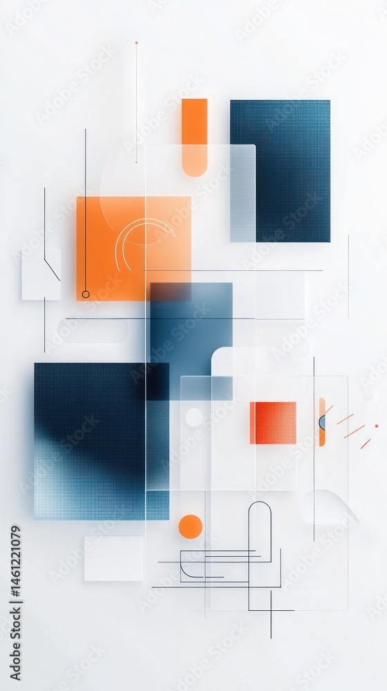 Poster Abstract composition of overlapping geometric shapes in varying colors and transparency, with thin lines connecting elements