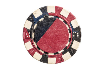 Naklejka premium Vintage poker chip with dual-colored design and dice icons, cut out - stock png.