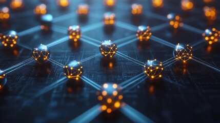 Abstract network of interconnected spheres on a dark, textured surface.  Interconnected spheres, glowing lines, futuristic design