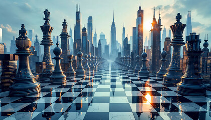 A chessboard set against a backdrop of a modern city skyline, the chess pieces representing buildings